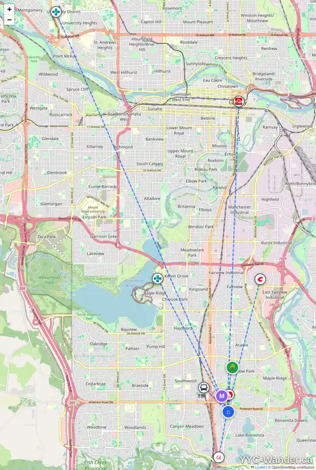 Daily accessibility map for 207 LAKE ROSEN CR SE, Calgary showing nearby schools, grocery stores, parks, LRT stations and nearby amenities
