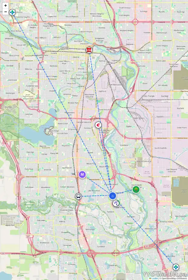 Daily accessibility map for 12 QUEEN ALEXANDRA CL SE, Calgary showing nearby schools, grocery stores, parks, LRT stations and nearby amenities
