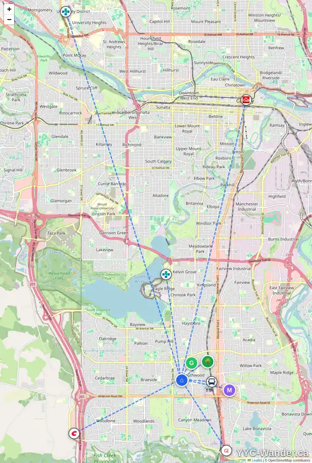 Daily accessibility map for 240 SACKVILLE DR SW, Calgary showing nearby schools, grocery stores, parks, LRT stations and nearby amenities