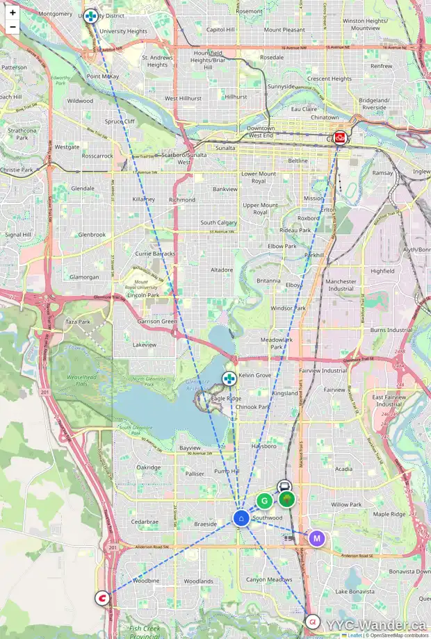 Daily accessibility map for 1420 107 AV SW, Calgary showing nearby schools, grocery stores, parks, LRT stations and nearby amenities