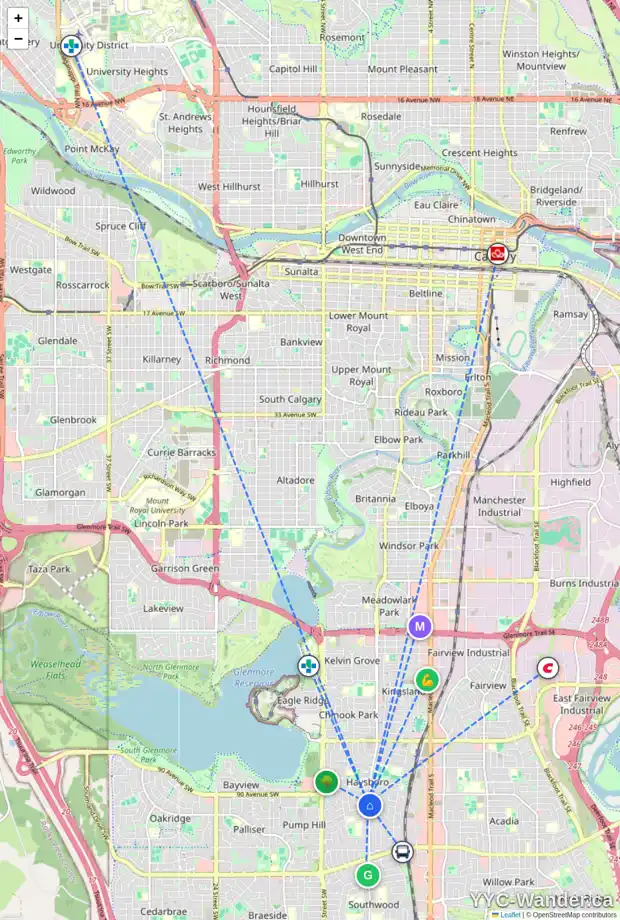 Daily accessibility map for 9423 ELBOW DR SW, Calgary showing nearby schools, grocery stores, parks, LRT stations and nearby amenities