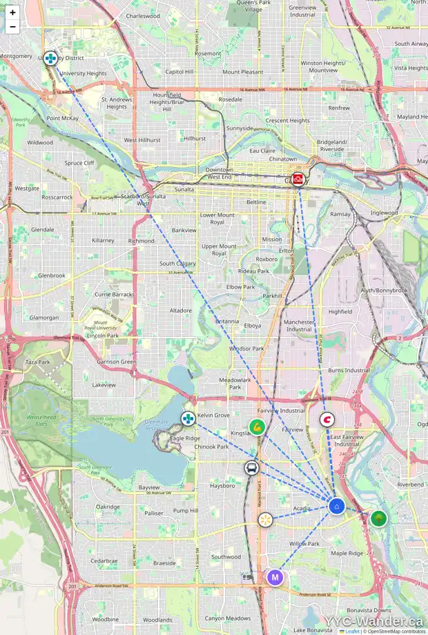 Daily accessibility map for 9427 ACADEMY DR SE, Calgary showing nearby schools, grocery stores, parks, LRT stations and nearby amenities