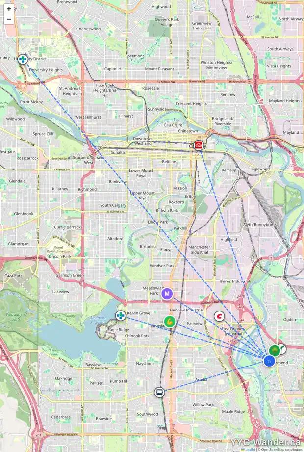 Daily accessibility map for 33 RIVERGREEN CR SE, Calgary showing nearby schools, grocery stores, parks, LRT stations and nearby amenities