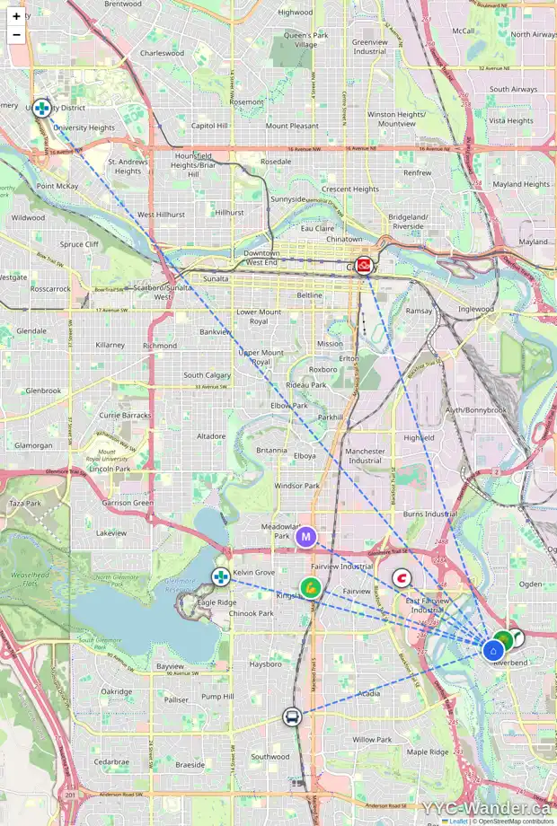 Daily accessibility map for 7 RIVERBROOK CO SE, Calgary showing nearby schools, grocery stores, parks, LRT stations and nearby amenities