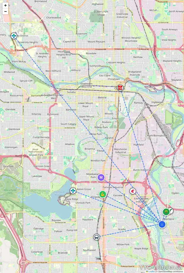 Daily accessibility map for 16 RIVERVIEW ME SE, Calgary showing nearby schools, grocery stores, parks, LRT stations and nearby amenities