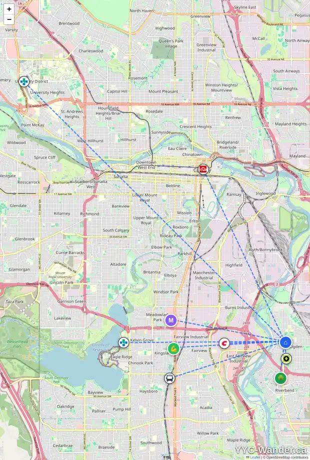 Daily accessibility map for 7020 18 ST SE, Calgary showing nearby schools, grocery stores, parks, LRT stations and nearby amenities