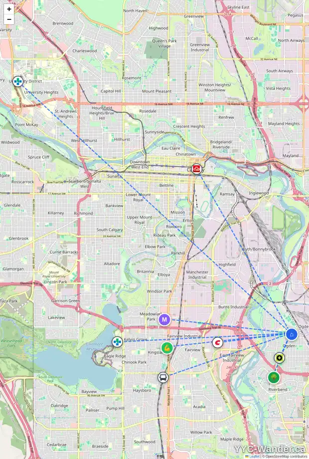 Daily accessibility map for 30 LYNNDALE RD SE, Calgary showing nearby schools, grocery stores, parks, LRT stations and nearby amenities