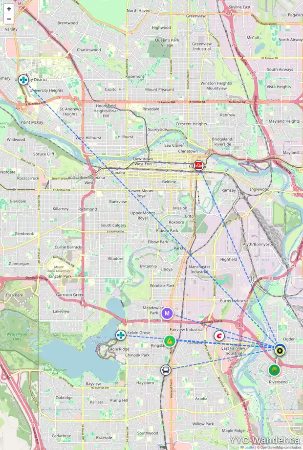 Daily accessibility map for 1928 76 AV SE, Calgary showing nearby schools, grocery stores, parks, LRT stations and nearby amenities