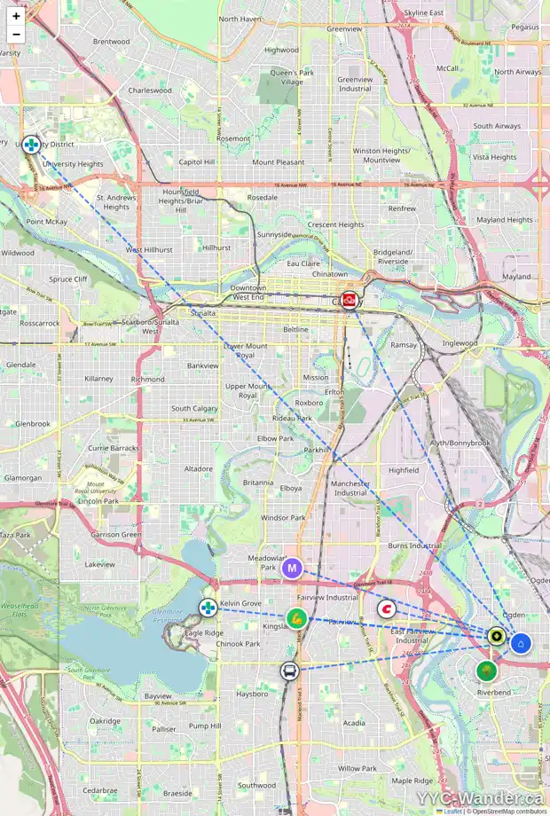 Daily accessibility map for 7645 21A ST SE, Calgary showing nearby schools, grocery stores, parks, LRT stations and nearby amenities