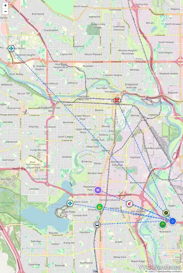 Daily accessibility map for 2402 OLYMPIA DR SE, Calgary showing nearby schools, grocery stores, parks, LRT stations and nearby amenities
