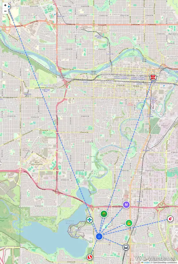 Daily accessibility map for 1311 CARLYLE RD SW, Calgary showing nearby schools, grocery stores, parks, LRT stations and nearby amenities