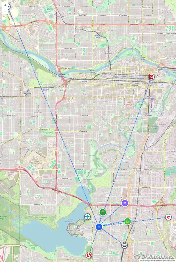 Daily accessibility map for 1311 75 AV SW, Calgary showing nearby schools, grocery stores, parks, LRT stations and nearby amenities