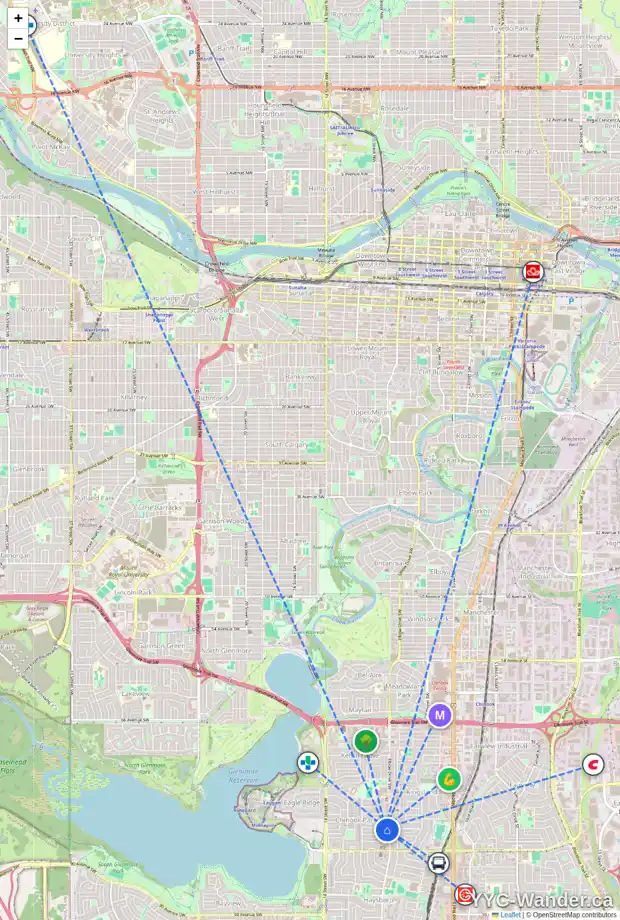 Daily accessibility map for 8035 ELBOW DR SW, Calgary showing nearby schools, grocery stores, parks, LRT stations and nearby amenities