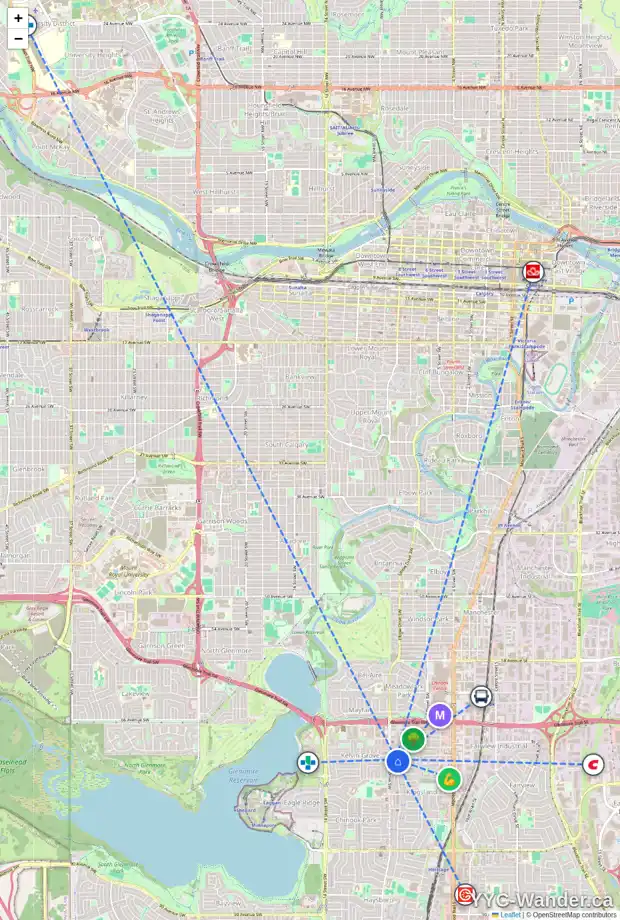Daily accessibility map for 7131 7 ST SW, Calgary showing nearby schools, grocery stores, parks, LRT stations and nearby amenities