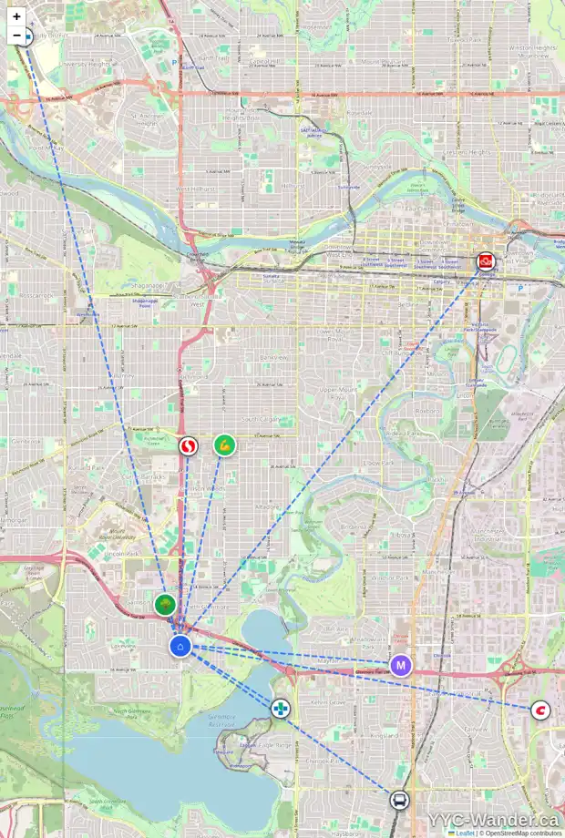 Daily accessibility map for 6323 CROWCHILD TR SW, Calgary showing nearby schools, grocery stores, parks, LRT stations and nearby amenities