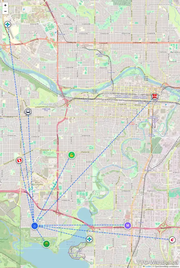 Daily accessibility map for 3316 LAKESIDE CR SW, Calgary showing nearby schools, grocery stores, parks, LRT stations and nearby amenities