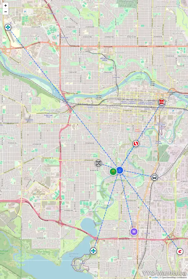 Daily accessibility map for 3835 7A ST SW, Calgary showing nearby schools, grocery stores, parks, LRT stations and nearby amenities