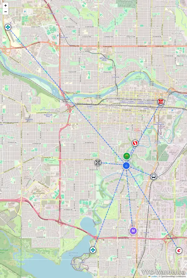 Daily accessibility map for 3635 ELBOW DR SW, Calgary showing nearby schools, grocery stores, parks, LRT stations and nearby amenities