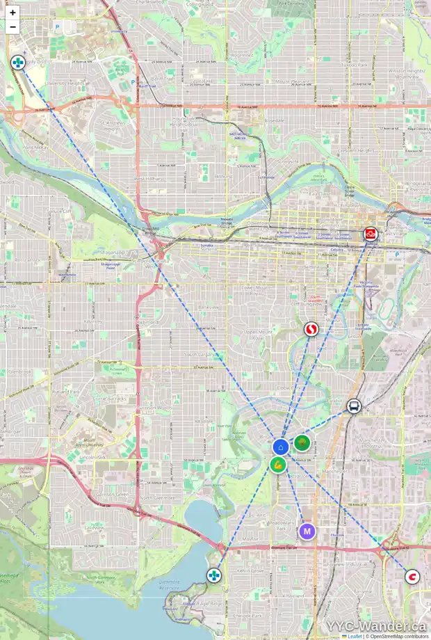 Daily accessibility map for 4808 ELBOW DR SW, Calgary showing nearby schools, grocery stores, parks, LRT stations and nearby amenities