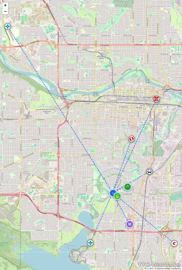 Daily accessibility map for 915 49 AV SW, Calgary showing nearby schools, grocery stores, parks, LRT stations and nearby amenities