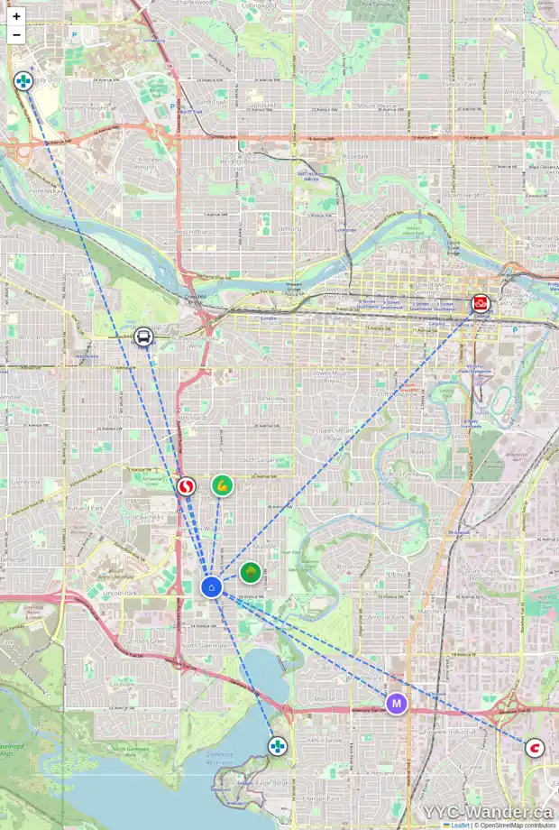 Daily accessibility map for 2174 49 AV SW, Calgary showing nearby schools, grocery stores, parks, LRT stations and nearby amenities