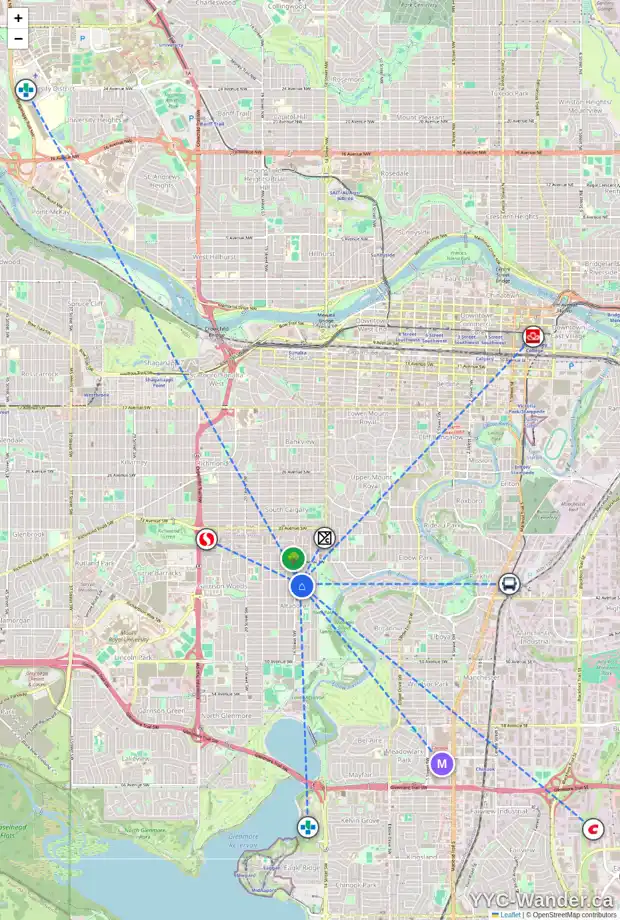 Daily accessibility map for 4115 15A ST SW, Calgary showing nearby schools, grocery stores, parks, LRT stations and nearby amenities