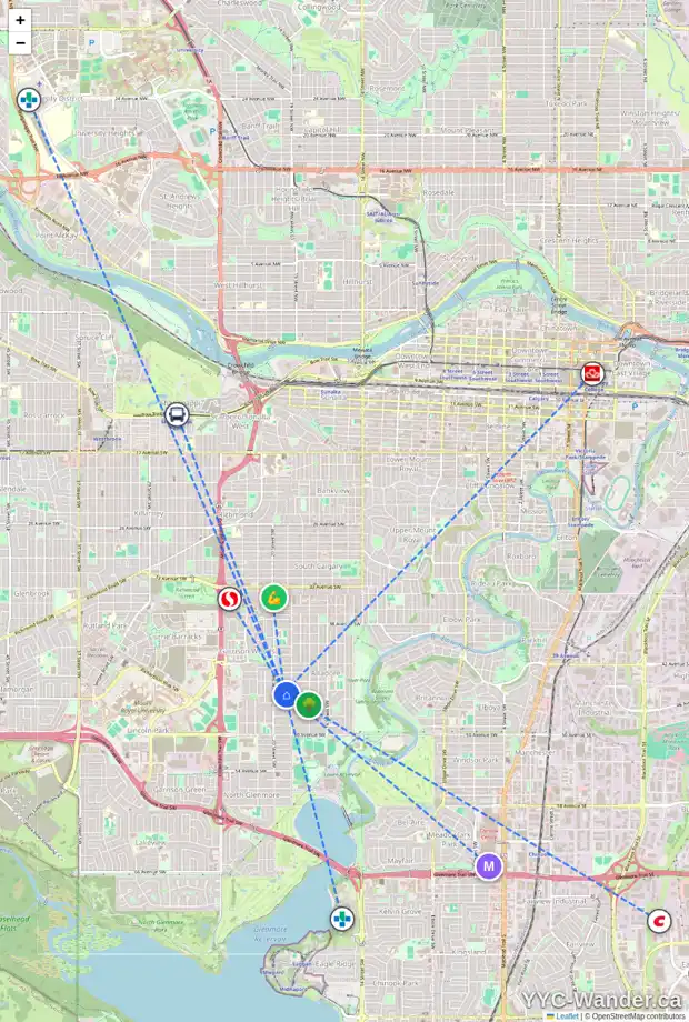 Daily accessibility map for 2019 45 AV SW, Calgary showing nearby schools, grocery stores, parks, LRT stations and nearby amenities