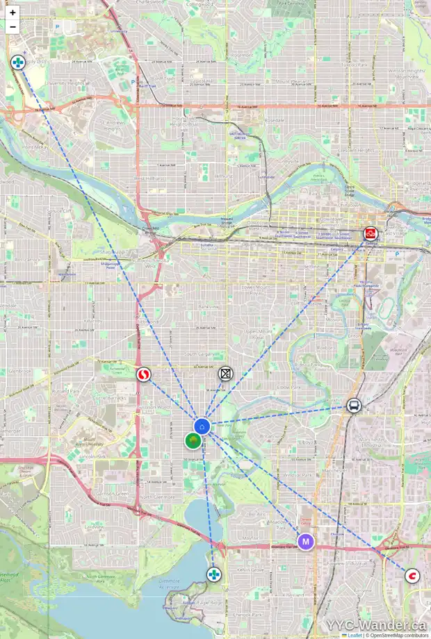 Daily accessibility map for 4448 16A ST SW, Calgary showing nearby schools, grocery stores, parks, LRT stations and nearby amenities