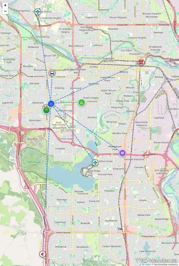 Daily accessibility map for 3539 34 AV SW, Calgary showing nearby schools, grocery stores, parks, LRT stations and nearby amenities