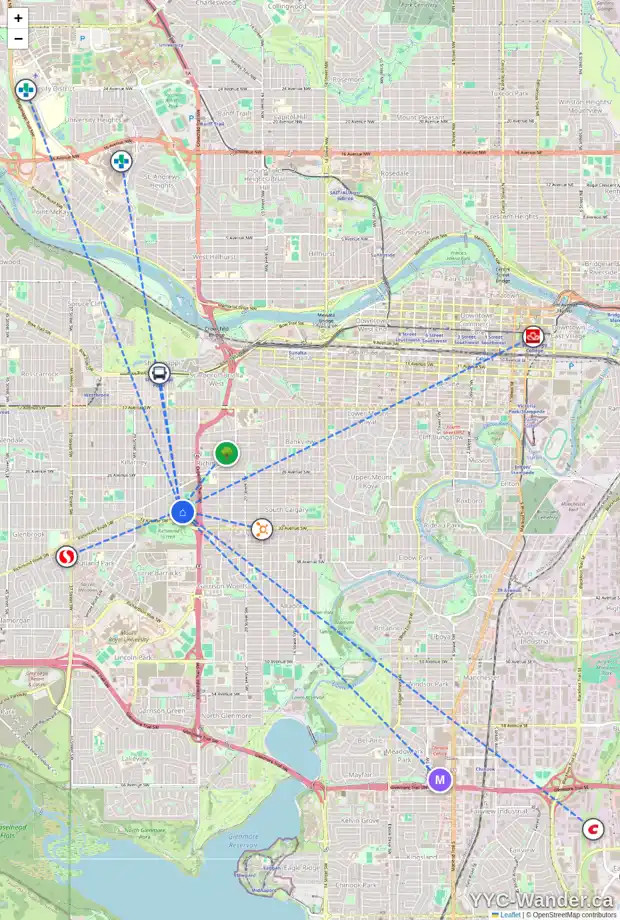 Daily accessibility map for 3219 25 ST SW, Calgary showing nearby schools, grocery stores, parks, LRT stations and nearby amenities