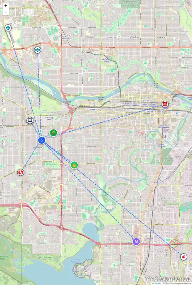 Daily accessibility map for 203 2411 29 ST SW, Calgary showing nearby schools, grocery stores, parks, LRT stations and nearby amenities