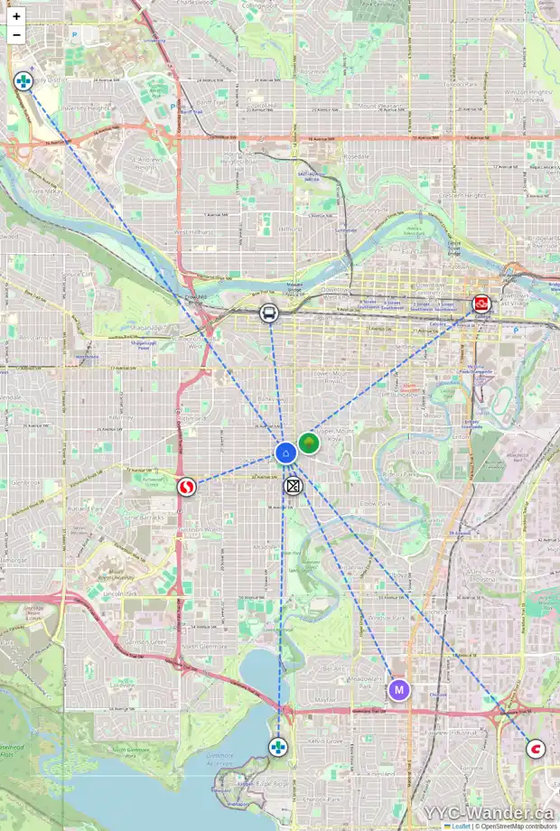 Daily accessibility map for 3010 15 ST SW, Calgary showing nearby schools, grocery stores, parks, LRT stations and nearby amenities