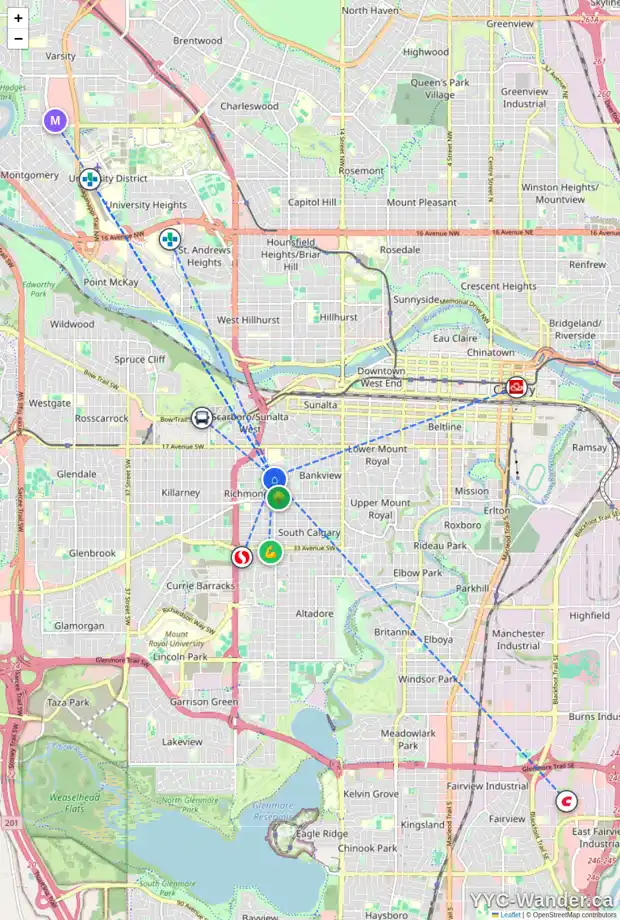 Daily accessibility map for 2119 22 AV SW, Calgary showing nearby schools, grocery stores, parks, LRT stations and nearby amenities