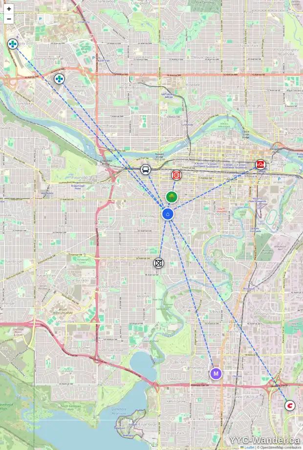 Daily accessibility map for 1951 12 ST SW, Calgary showing nearby schools, grocery stores, parks, LRT stations and nearby amenities