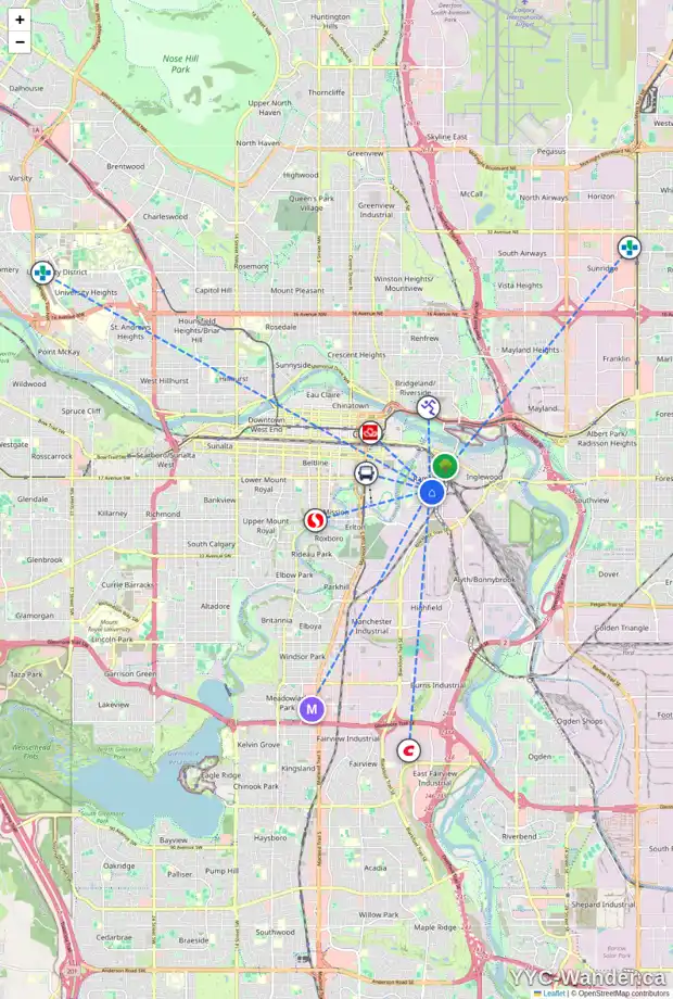 Daily accessibility map for 920 20 AV SE, Calgary showing nearby schools, grocery stores, parks, LRT stations and nearby amenities