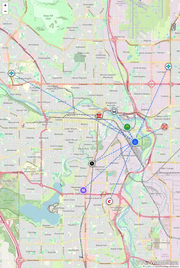 Daily accessibility map for 2735 17 ST SE, Calgary showing nearby schools, grocery stores, parks, LRT stations and nearby amenities