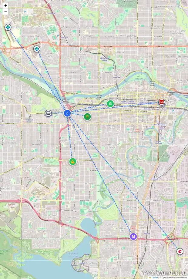 Daily accessibility map for 2304 STATE RD SW, Calgary showing nearby schools, grocery stores, parks, LRT stations and nearby amenities