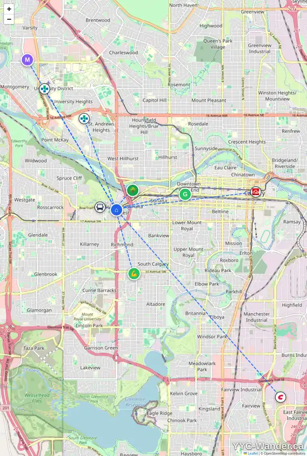 Daily accessibility map for 1405 24 ST SW, Calgary showing nearby schools, grocery stores, parks, LRT stations and nearby amenities