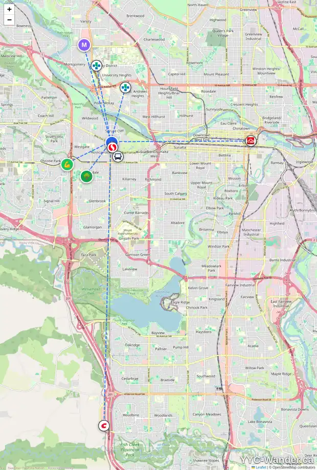 Daily accessibility map for 712 37 ST SW, Calgary showing nearby schools, grocery stores, parks, LRT stations and nearby amenities