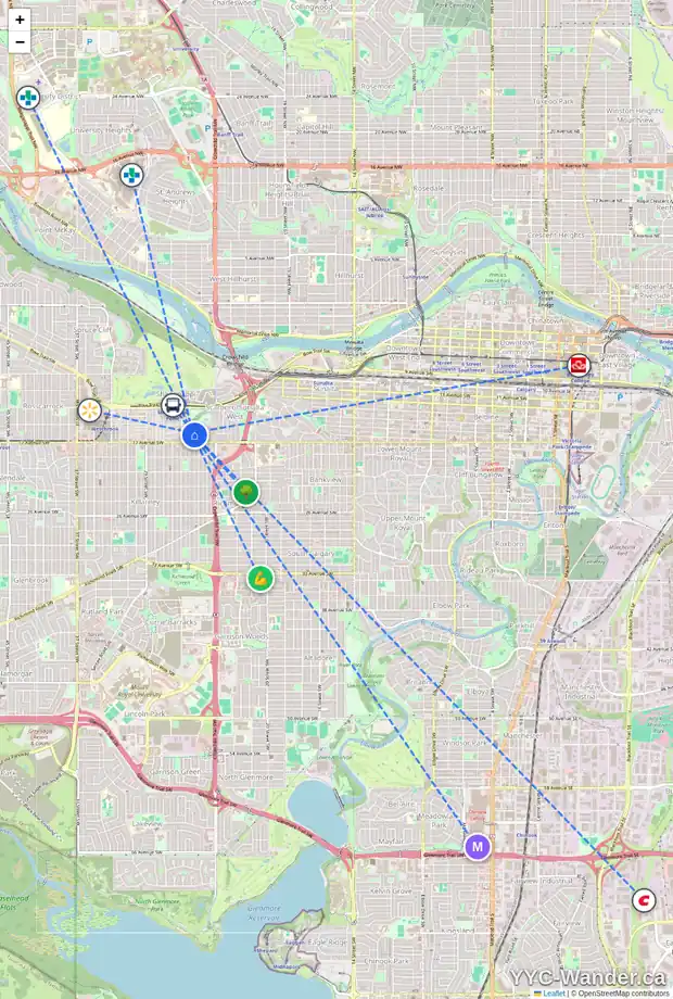 Daily accessibility map for 1722 25A ST SW, Calgary showing nearby schools, grocery stores, parks, LRT stations and nearby amenities