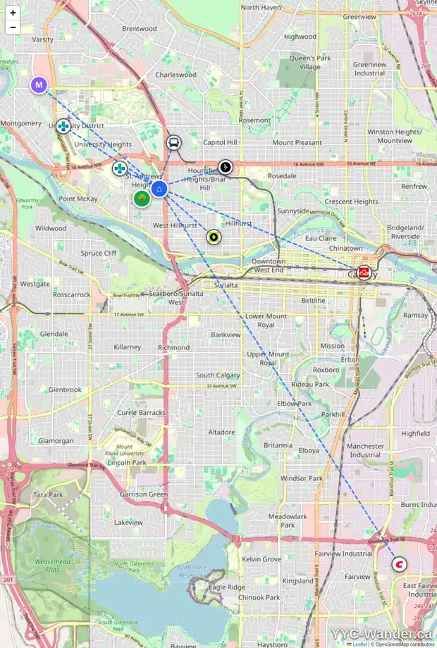 Daily accessibility map for 1307 HAMILTON ST NW, Calgary showing nearby schools, grocery stores, parks, LRT stations and nearby amenities