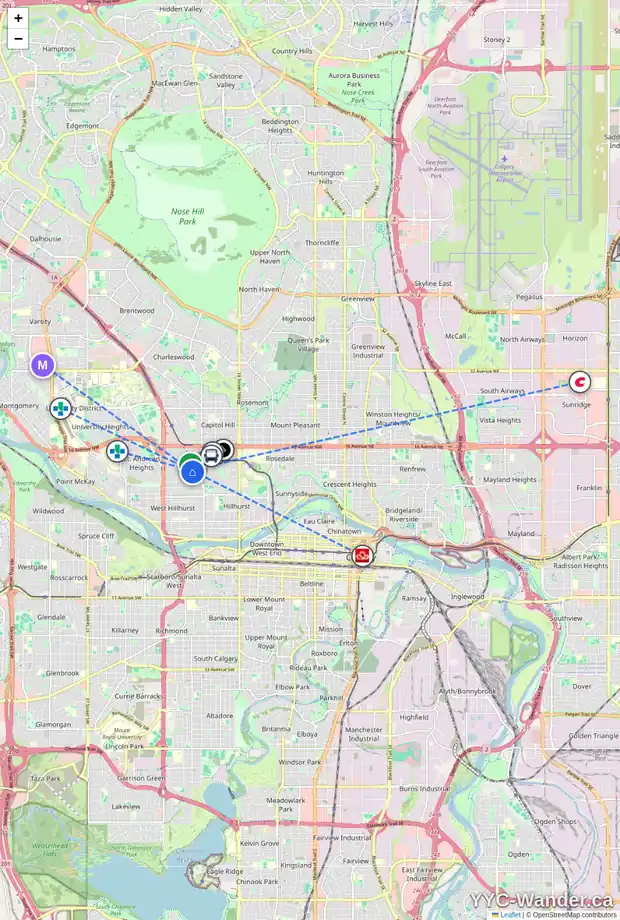 Daily accessibility map for 1215 20A ST NW, Calgary showing nearby schools, grocery stores, parks, LRT stations and nearby amenities