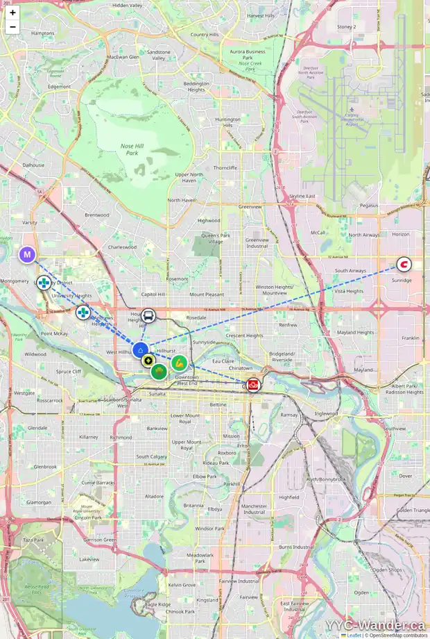 Daily accessibility map for 2029 4 AV NW, Calgary showing nearby schools, grocery stores, parks, LRT stations and nearby amenities