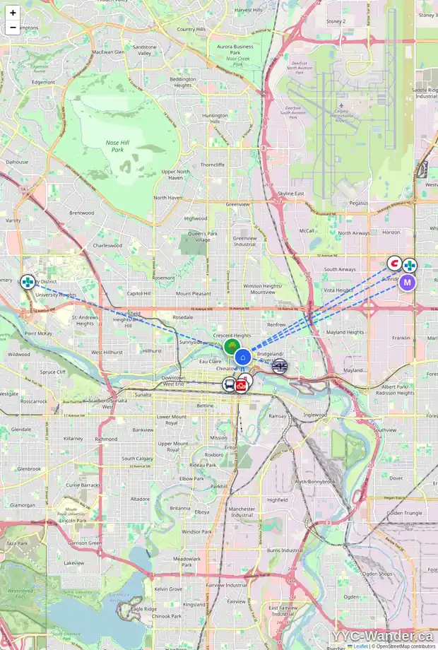 Daily accessibility map for 315 2 AV NE, Calgary showing nearby schools, grocery stores, parks, LRT stations and nearby amenities