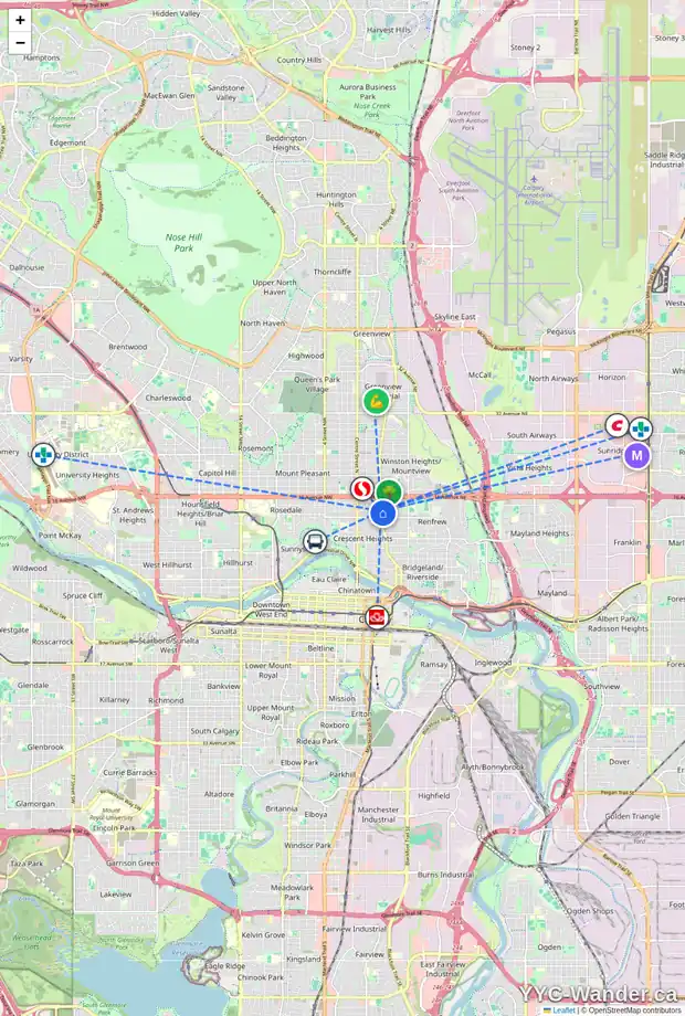 Daily accessibility map for 1404 EDMONTON TR NE, Calgary showing nearby schools, grocery stores, parks, LRT stations and nearby amenities