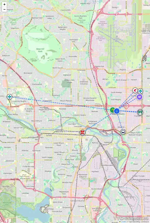 Daily accessibility map for 1228 18A ST NE, Calgary showing nearby schools, grocery stores, parks, LRT stations and nearby amenities
