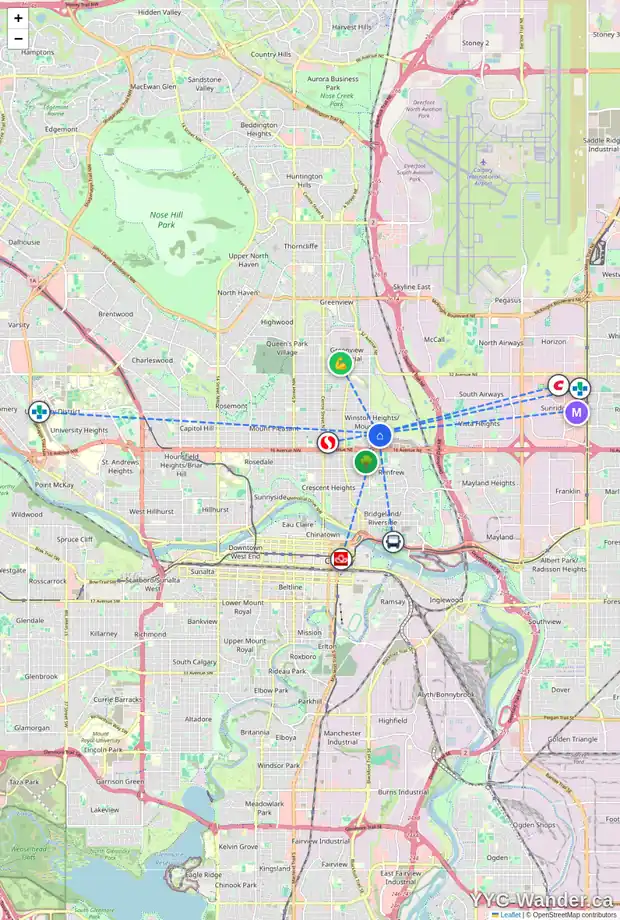 Daily accessibility map for 47 MONTROSE CR NE, Calgary showing nearby schools, grocery stores, parks, LRT stations and nearby amenities