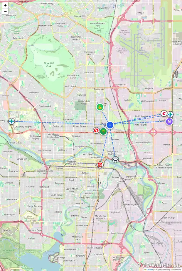 Daily accessibility map for 2215 7 ST NE, Calgary showing nearby schools, grocery stores, parks, LRT stations and nearby amenities