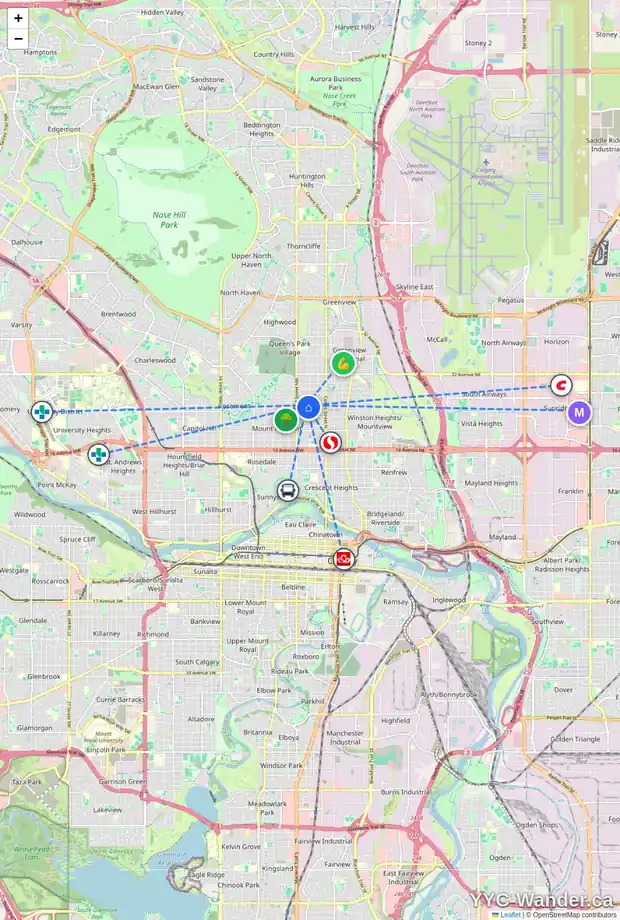 Daily accessibility map for 414 25 AV NW, Calgary showing nearby schools, grocery stores, parks, LRT stations and nearby amenities