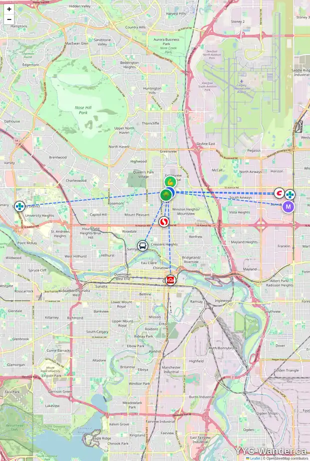 Daily accessibility map for 224 30 AV NE, Calgary showing nearby schools, grocery stores, parks, LRT stations and nearby amenities